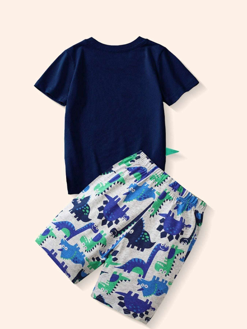 Kids two-piece set: navy short sleeve tee and white shorts with blue and green dinosaur print
