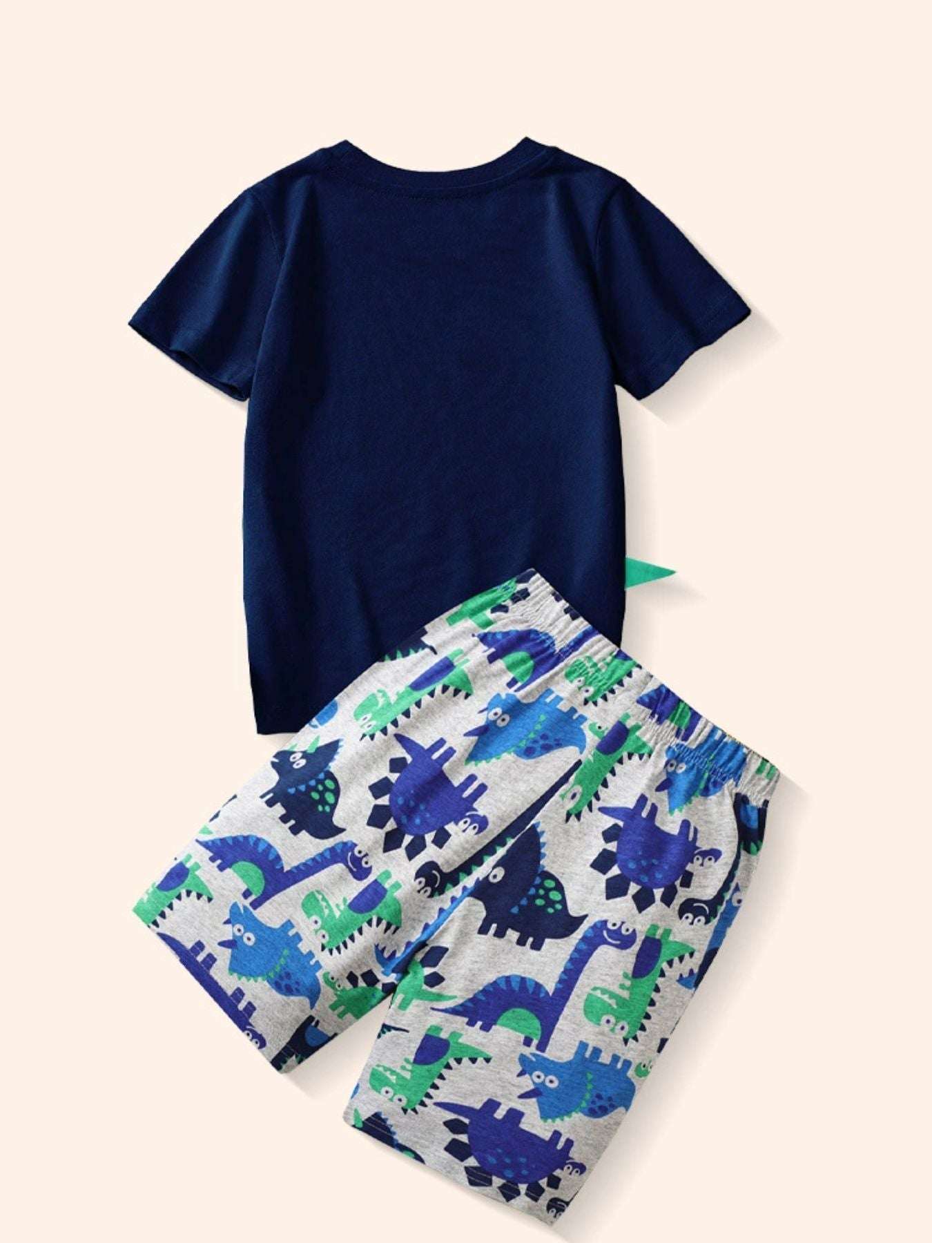 Kids two-piece set: navy short sleeve tee and white shorts with blue and green dinosaur print