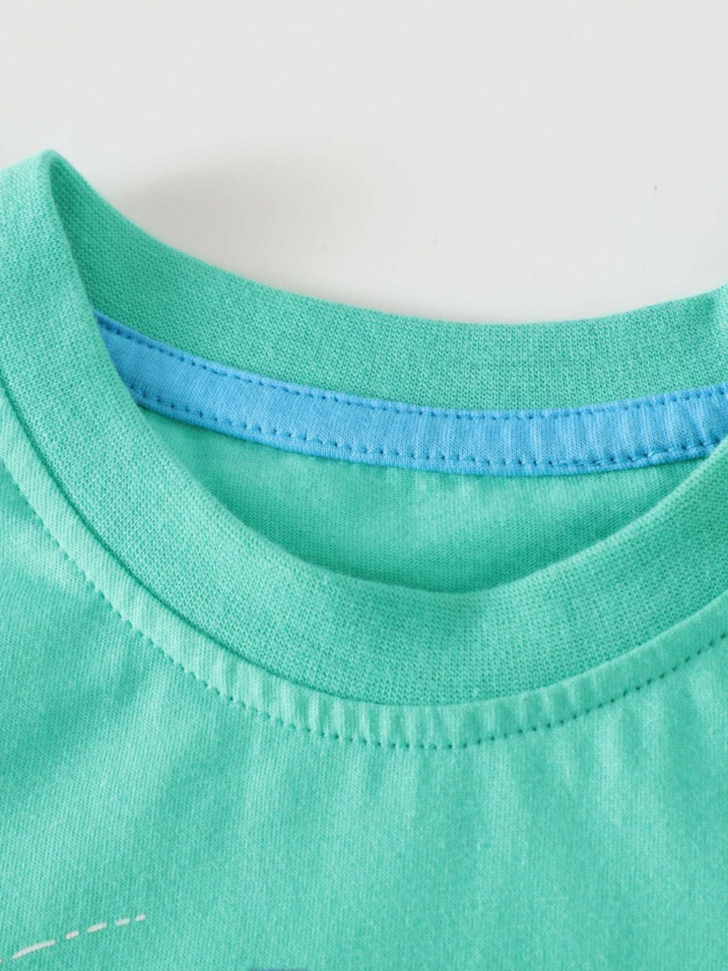 Turquoise crew-neck tee with blue contrast neckline stitching