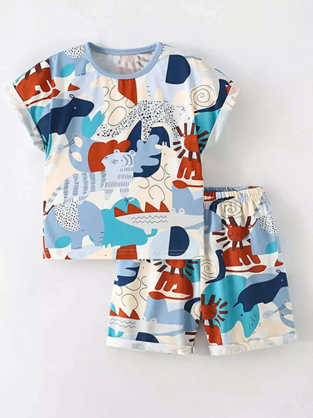 Kids' animal print round-neck tee and elastic-waist shorts set, multicolor