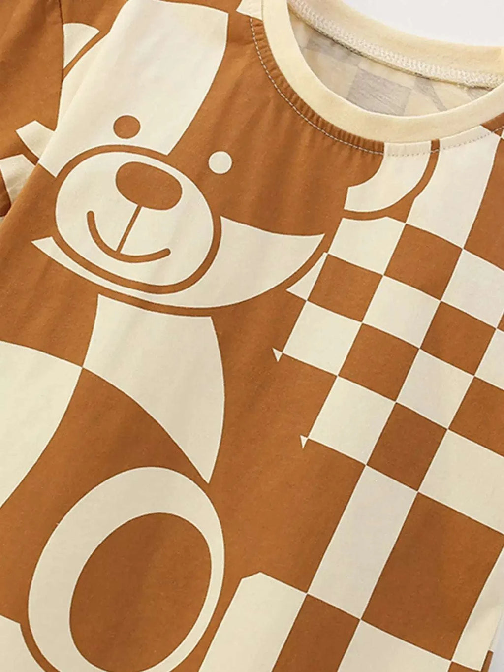 Kids casual set top with crew neckline, caramel checkerboard bear face print