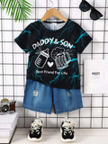 Black lightning print children’s tee and blue denim shorts set with rips