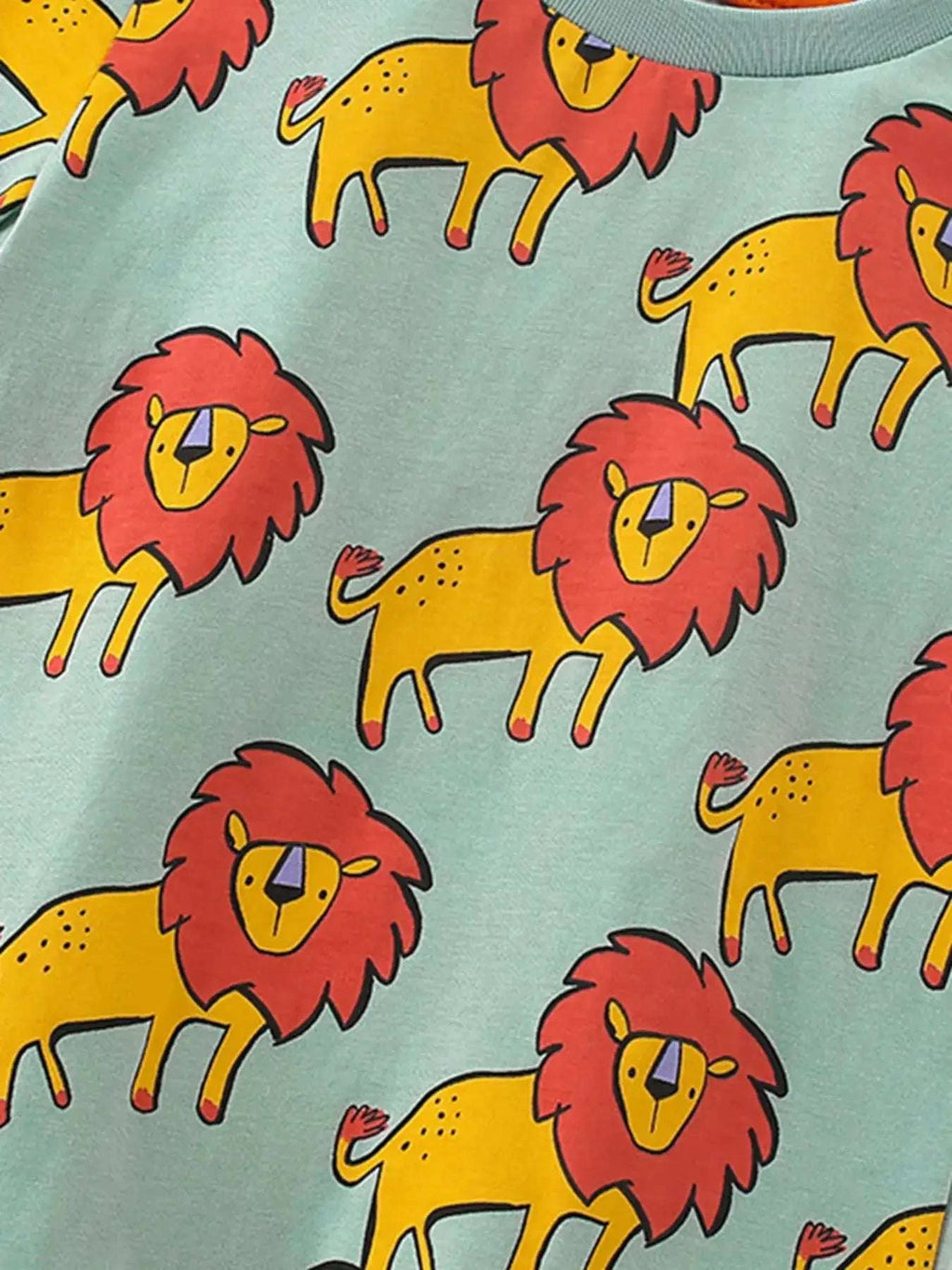 Sage green lion print kids tee with repeating lion faces