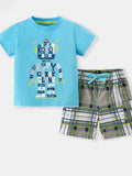 Kids robot graphic short-sleeve tee and plaid shorts set, pastel blue and multicolor