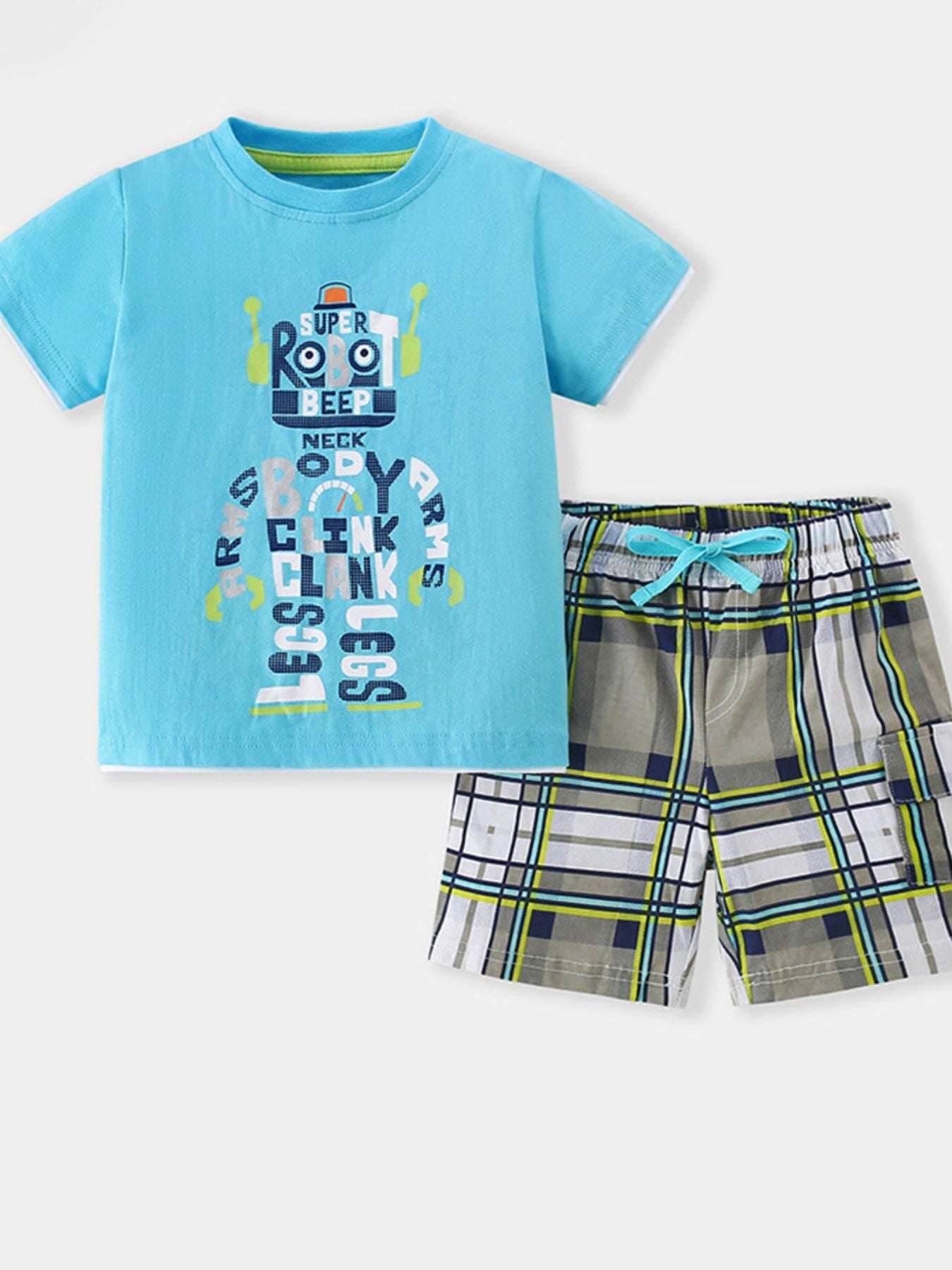 Kids robot graphic short-sleeve tee and plaid shorts set, pastel blue and multicolor