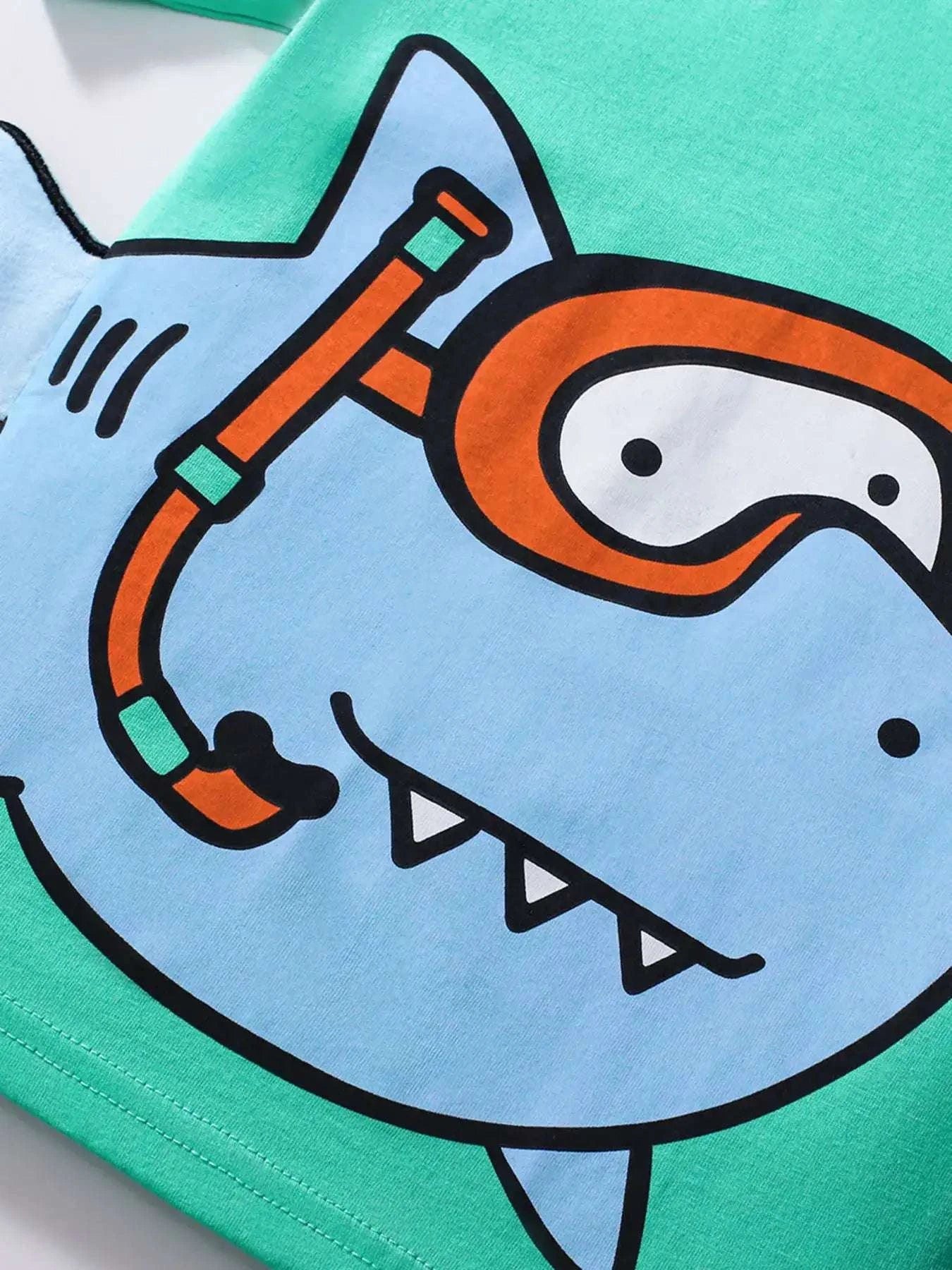 Neon green kids T-shirt with cartoon shark graphic on chest