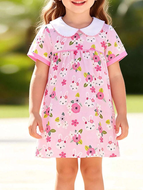 Blush pink girls' Peter Pan collar dress with bunny and floral print, short sleeves