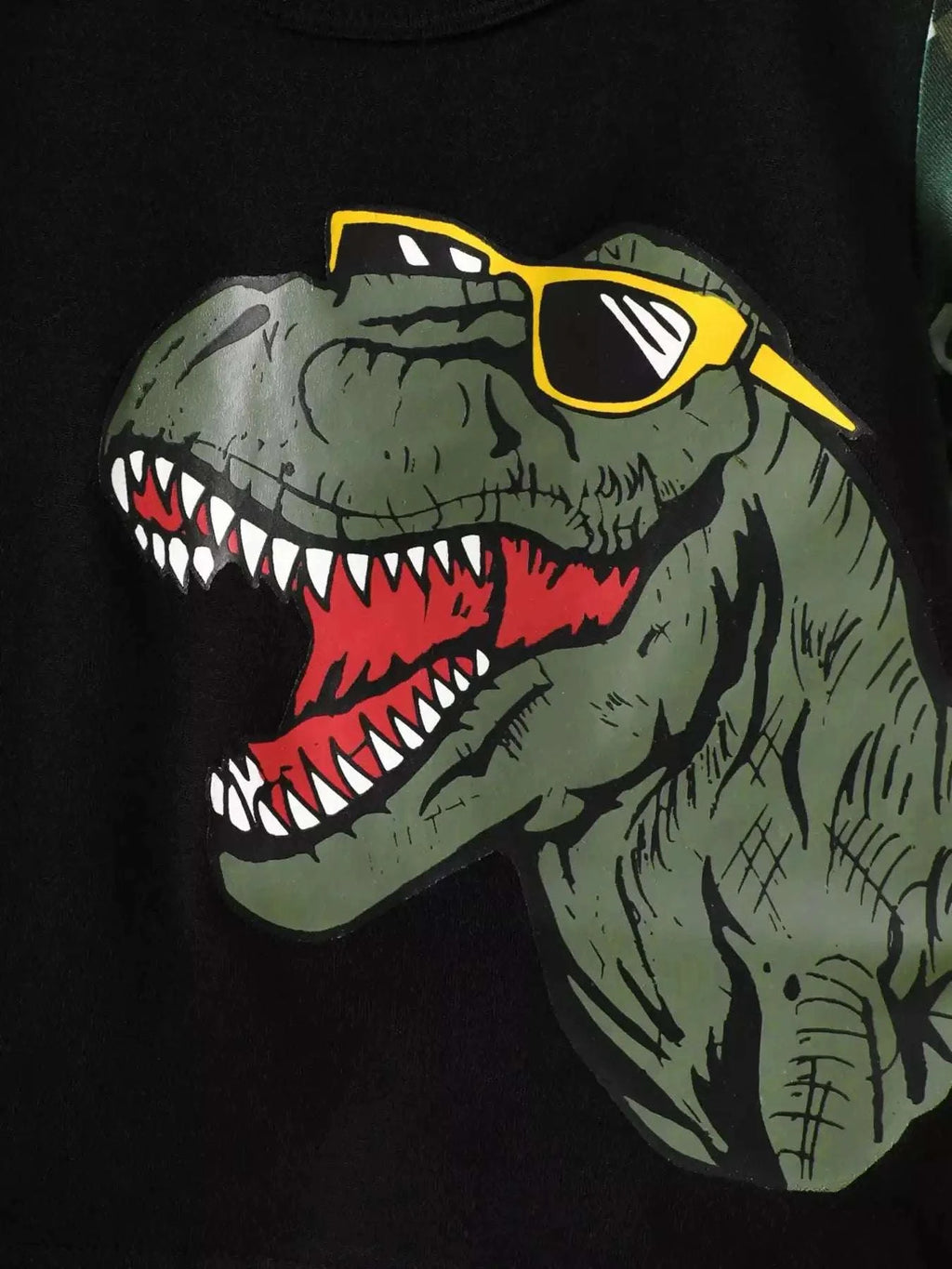 Black kids' dinosaur graphic crew-neck tee with red mouth and yellow glasses design