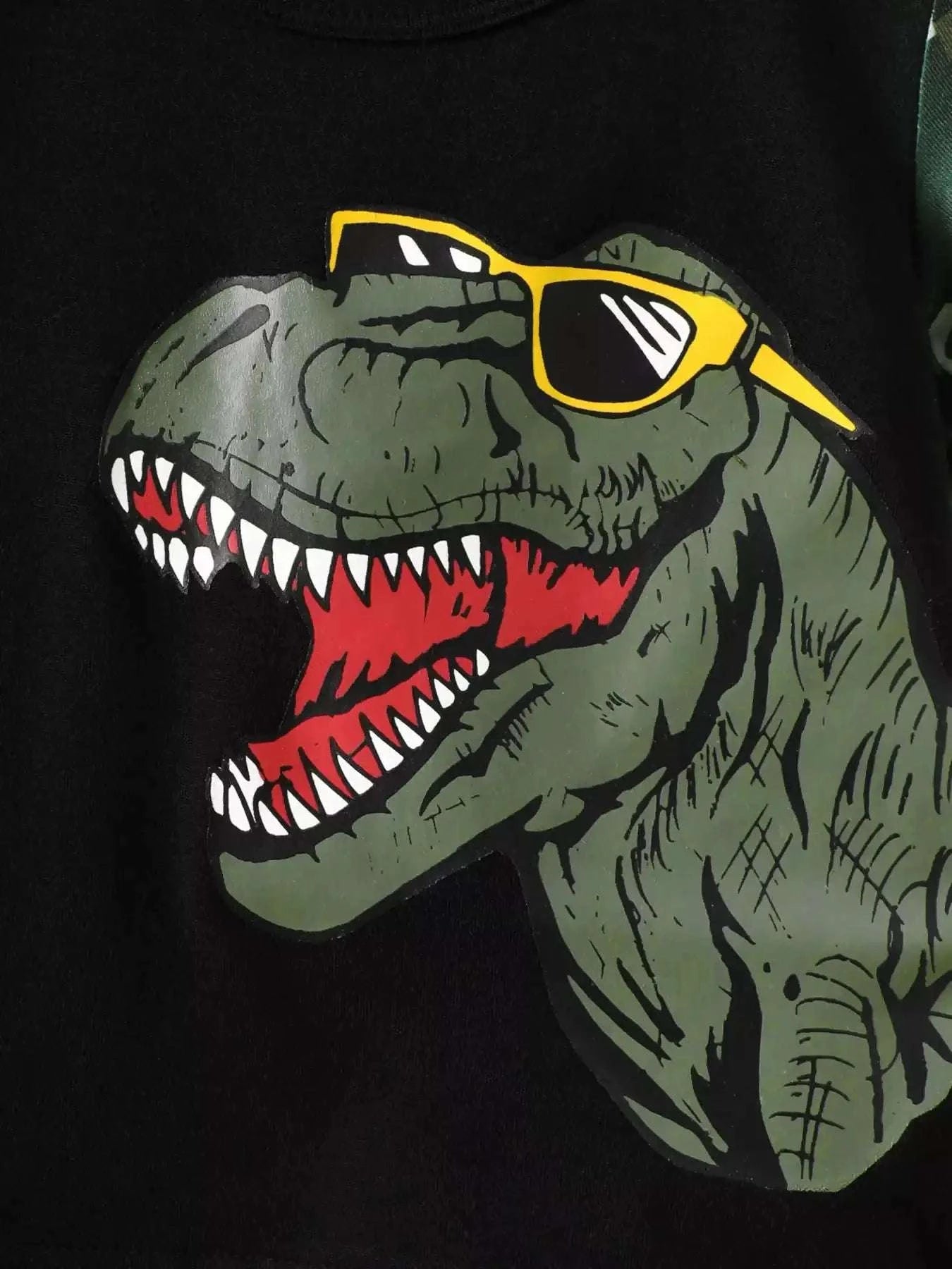 Black kids' dinosaur graphic crew-neck tee with red mouth and yellow glasses design