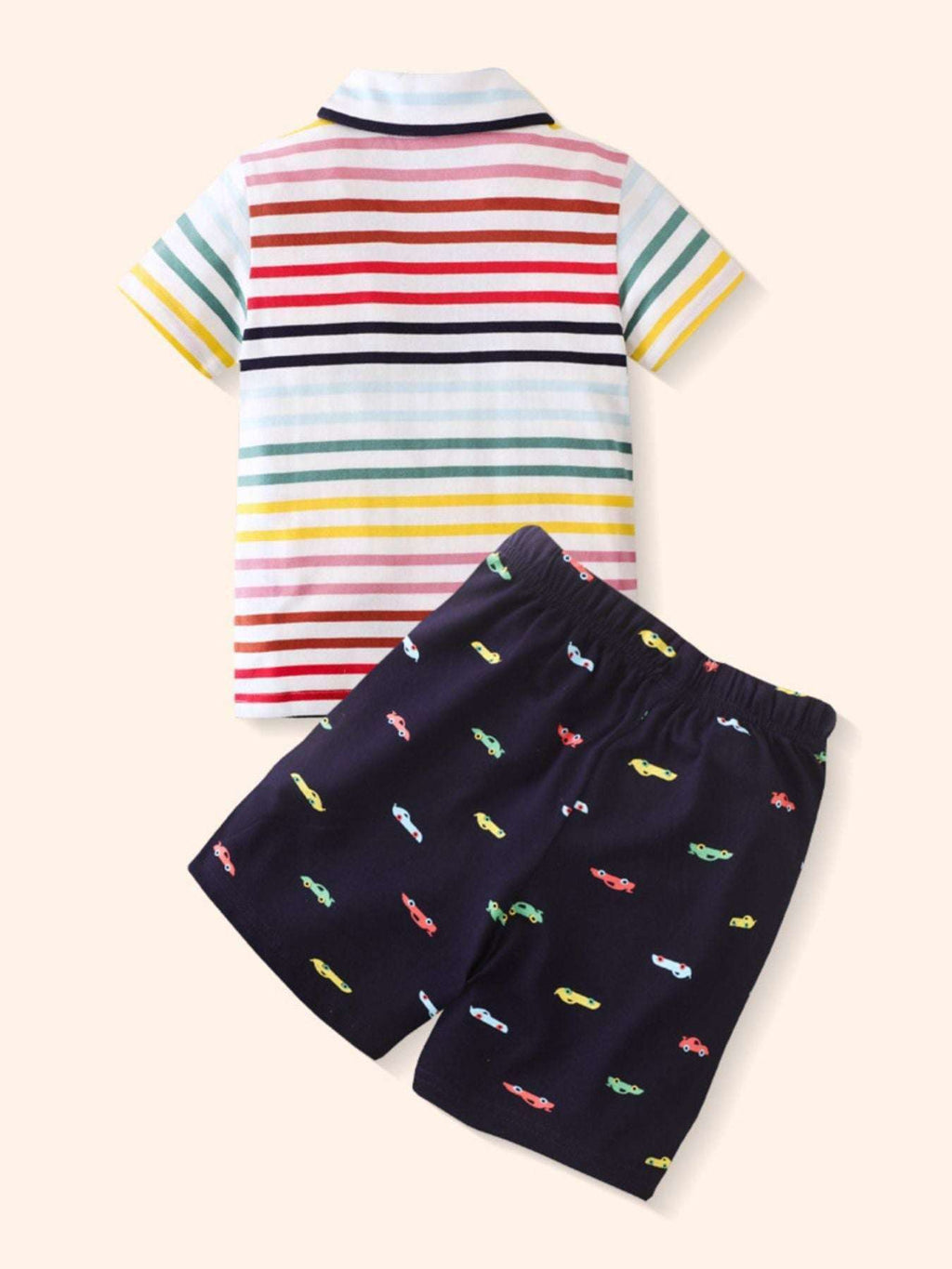 Children's striped polo and navy graphic shorts set, back view