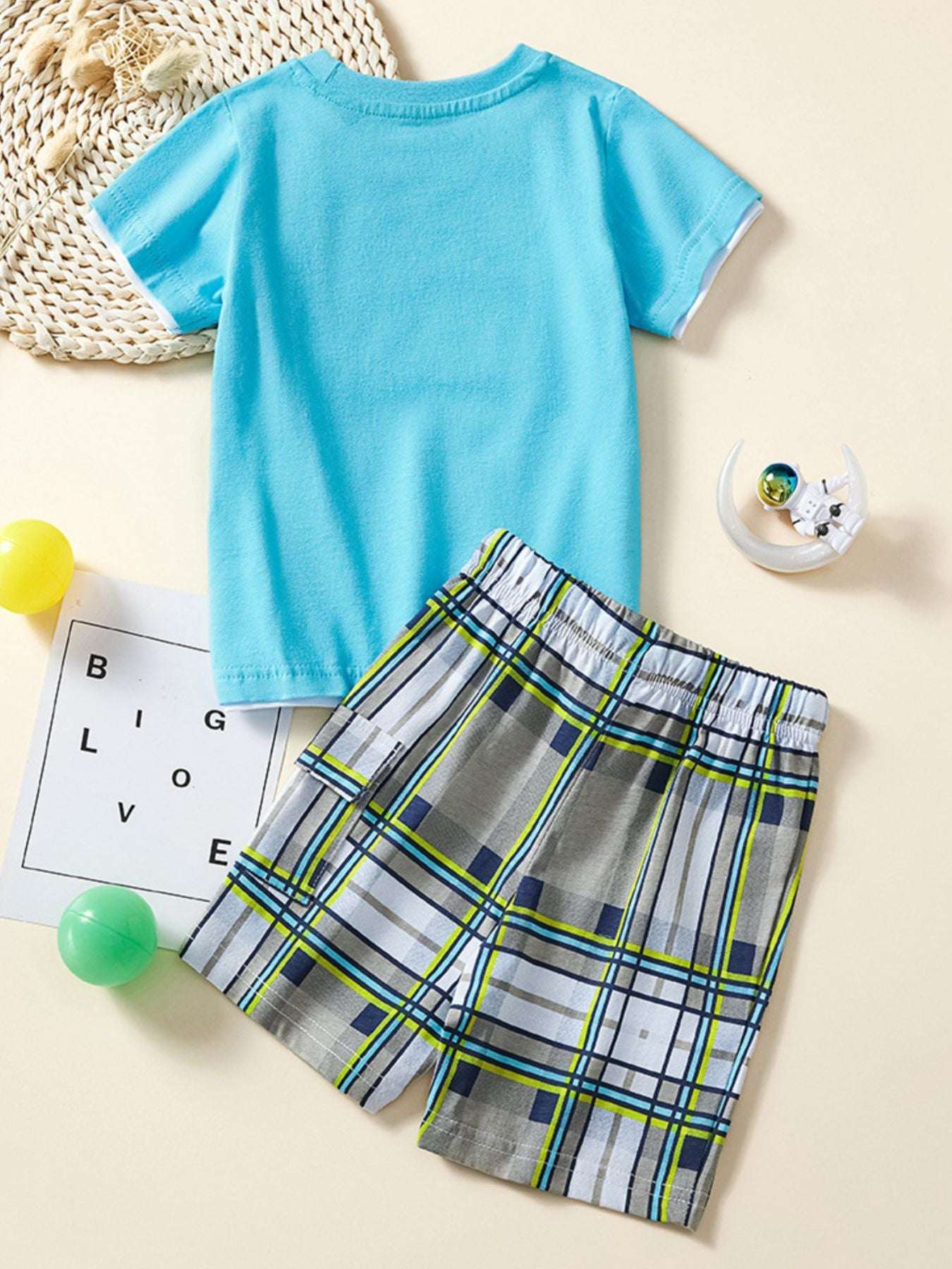 Kids robot tee and plaid shorts set, pastel blue top with matching elastic shorts