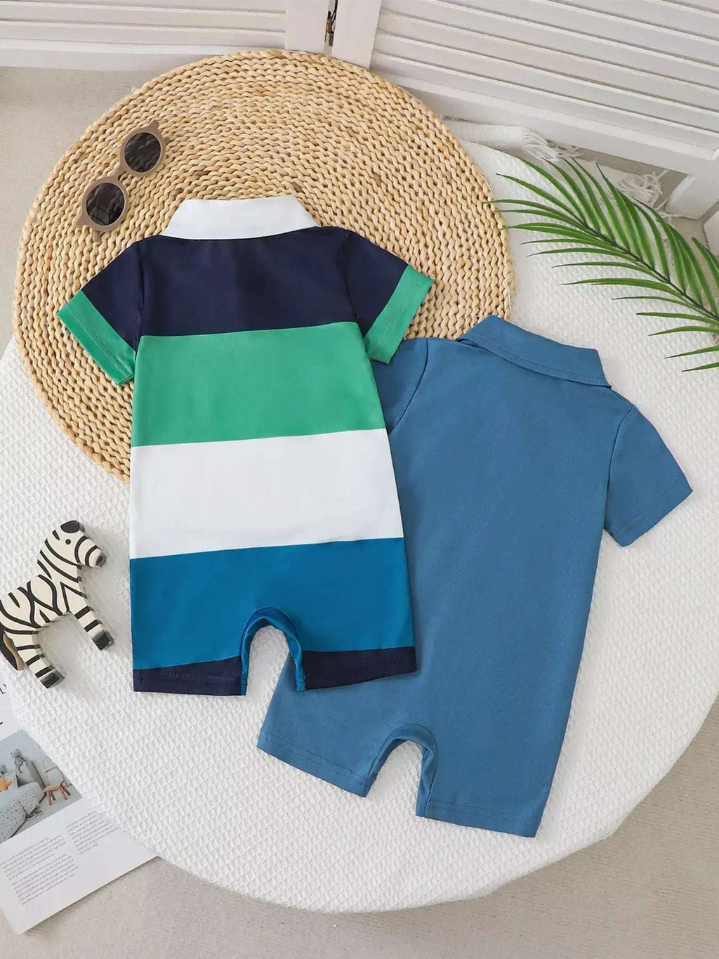 Children's color-block short-sleeve romper with polo collar, navy-white-green stripes