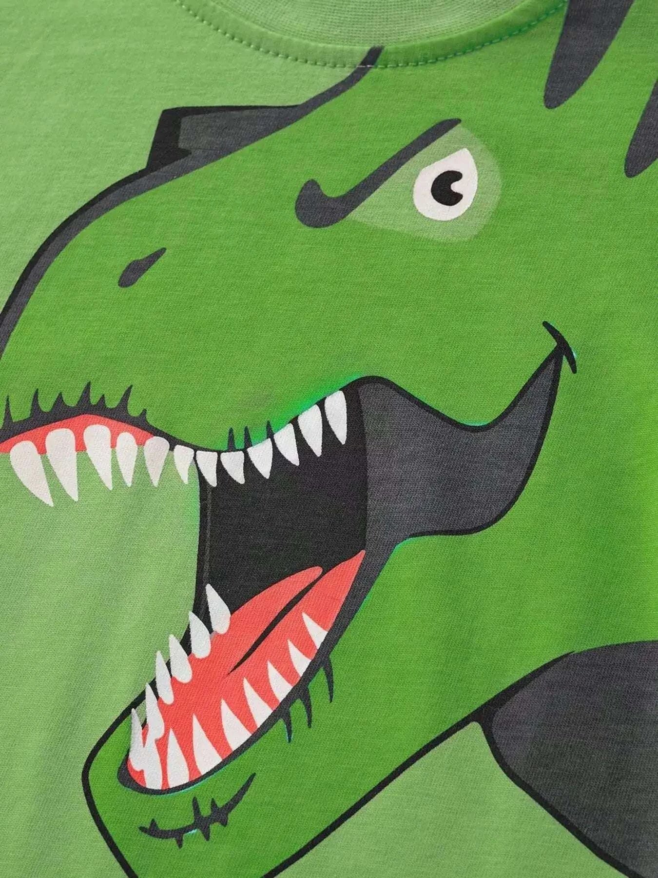 Green dinosaur graphic kids' tee with red mouth and white teeth detail