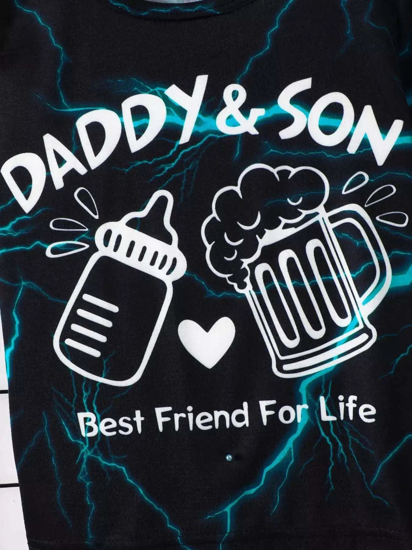 Black tee with lightning graphic, white beer mugs and “Best Friend For Life”