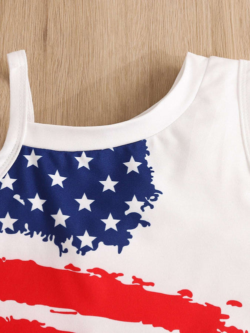 White tank top with blue star panel and red-and-white stripe graphic, sleeveless