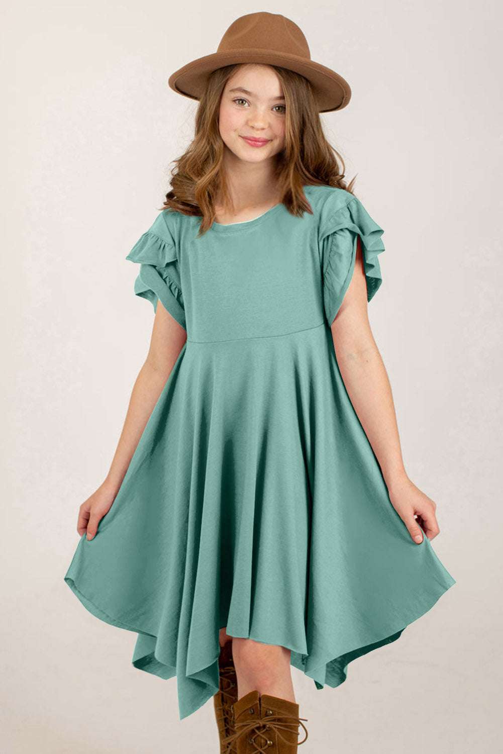 Teal round-neck petal-sleeve dress with gathered waist and flared skirt