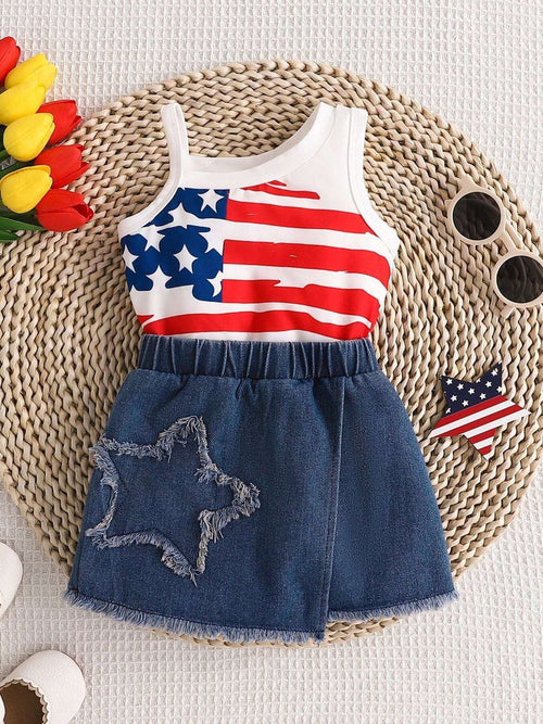 Kids flag-print tank top and denim skirt set; white stars-and-stripes top, blue denim skirt