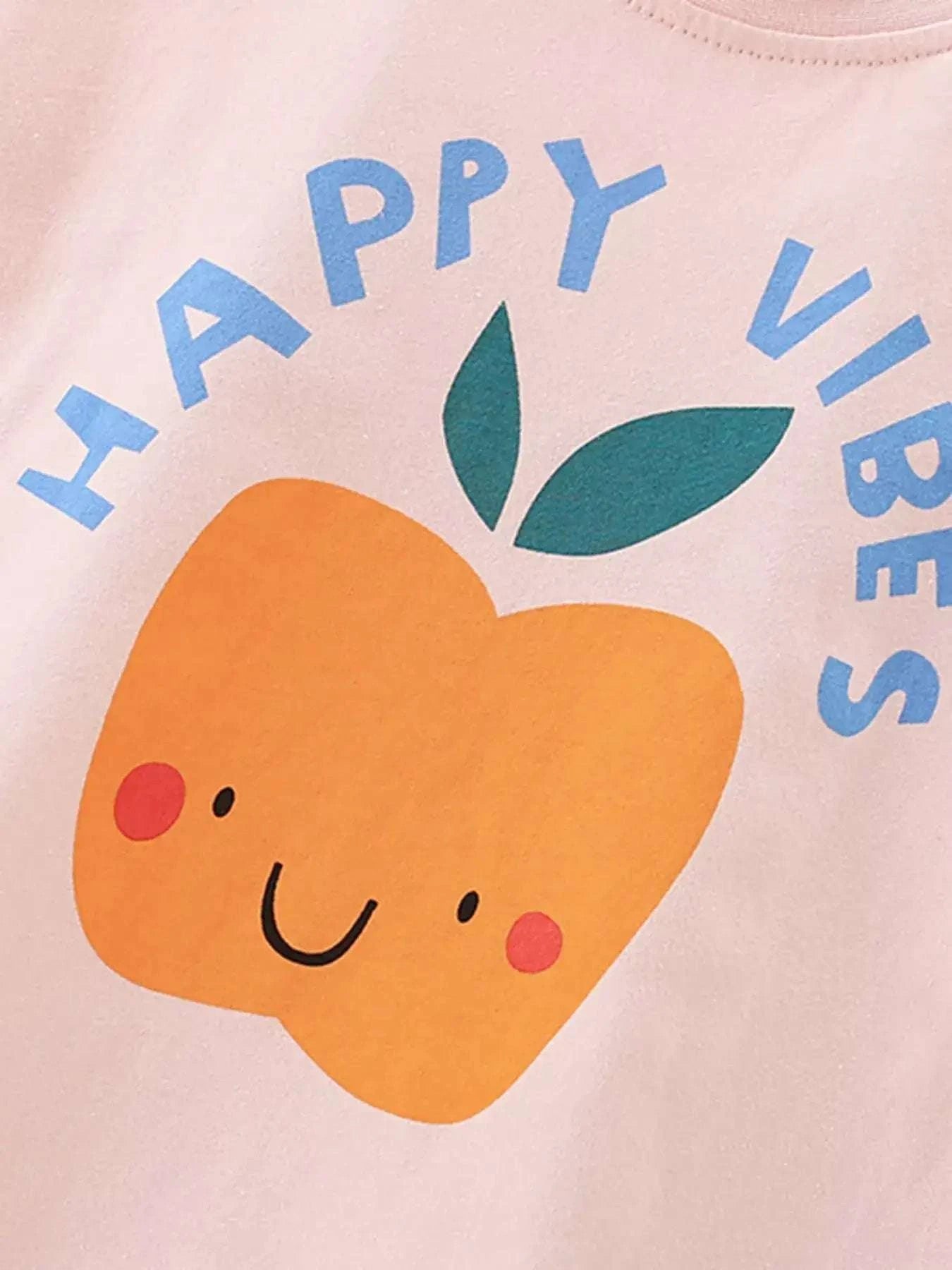 Children’s graphic tee set, light pink with “HAPPY VIBES” and cute orange face art