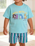 Children's aqua animal graphic tee and striped shorts set