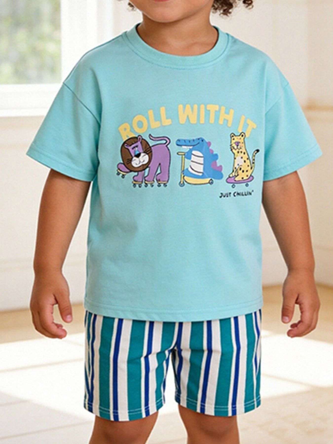 Children's aqua animal graphic tee and striped shorts set
