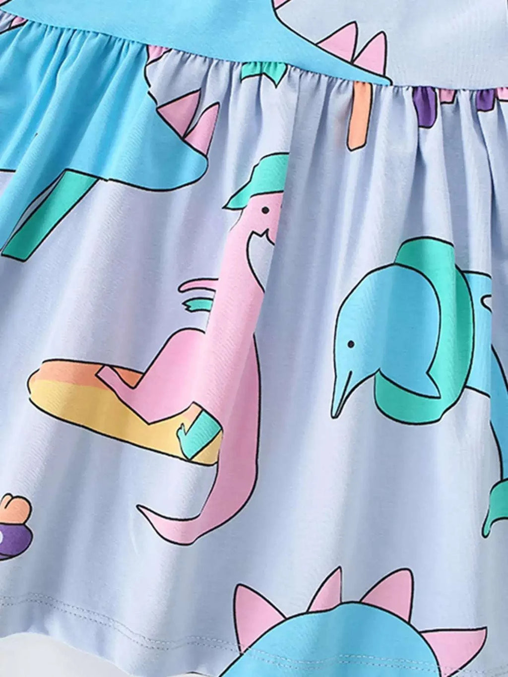 Light blue kids dinosaur print dress with gathered skirt and ruffle sleeves