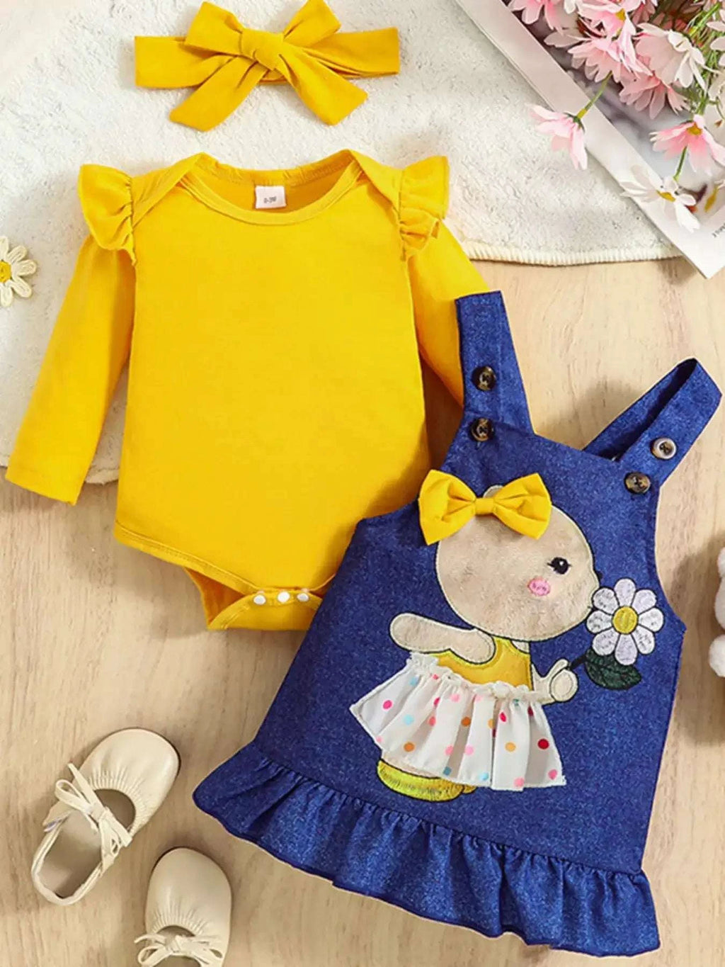 Children's bodysuit, overall dress, and headband set in yellow and blue