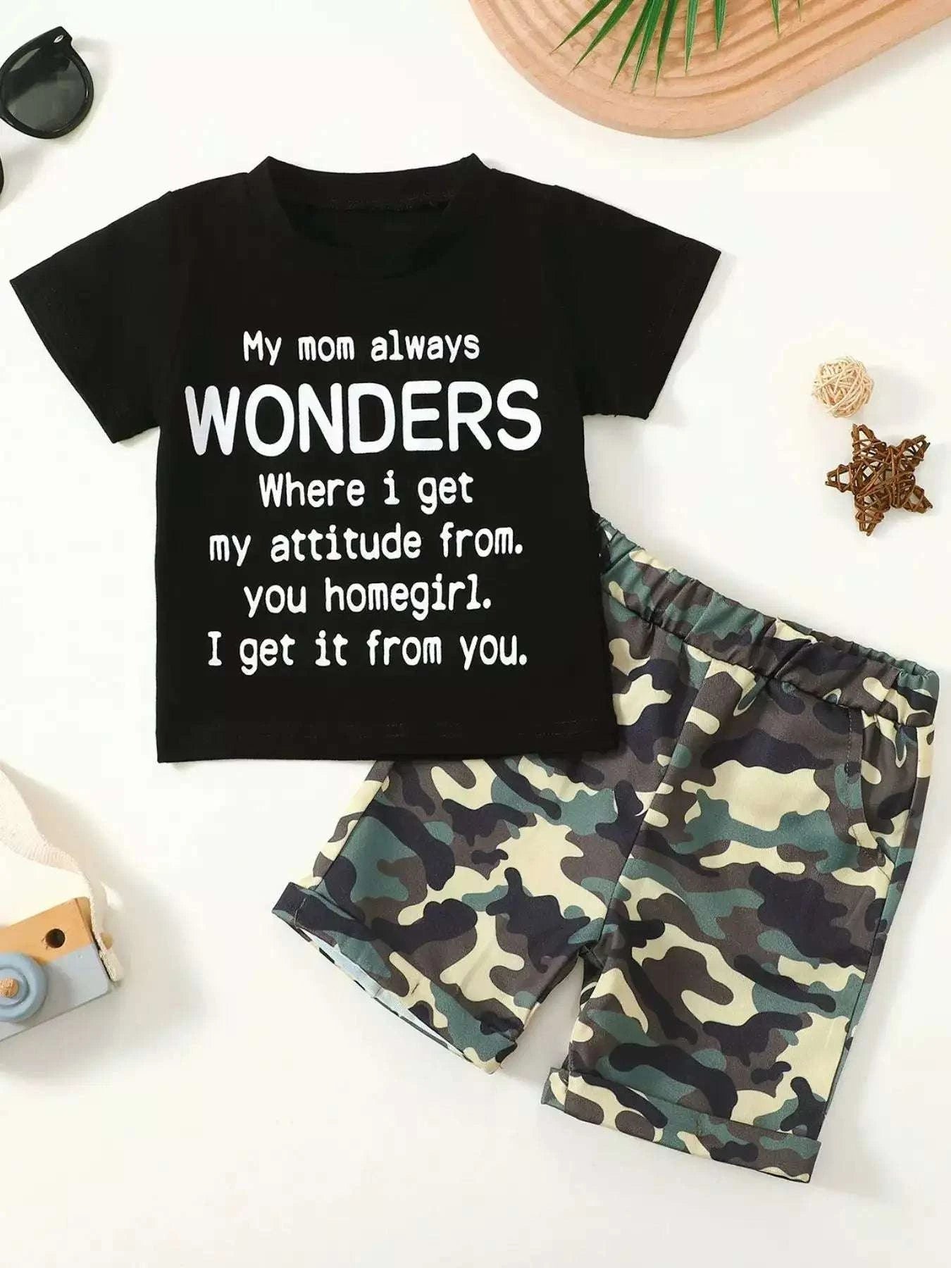 Kids black graphic tee and camouflage shorts set, "My mom always WONDERS" text