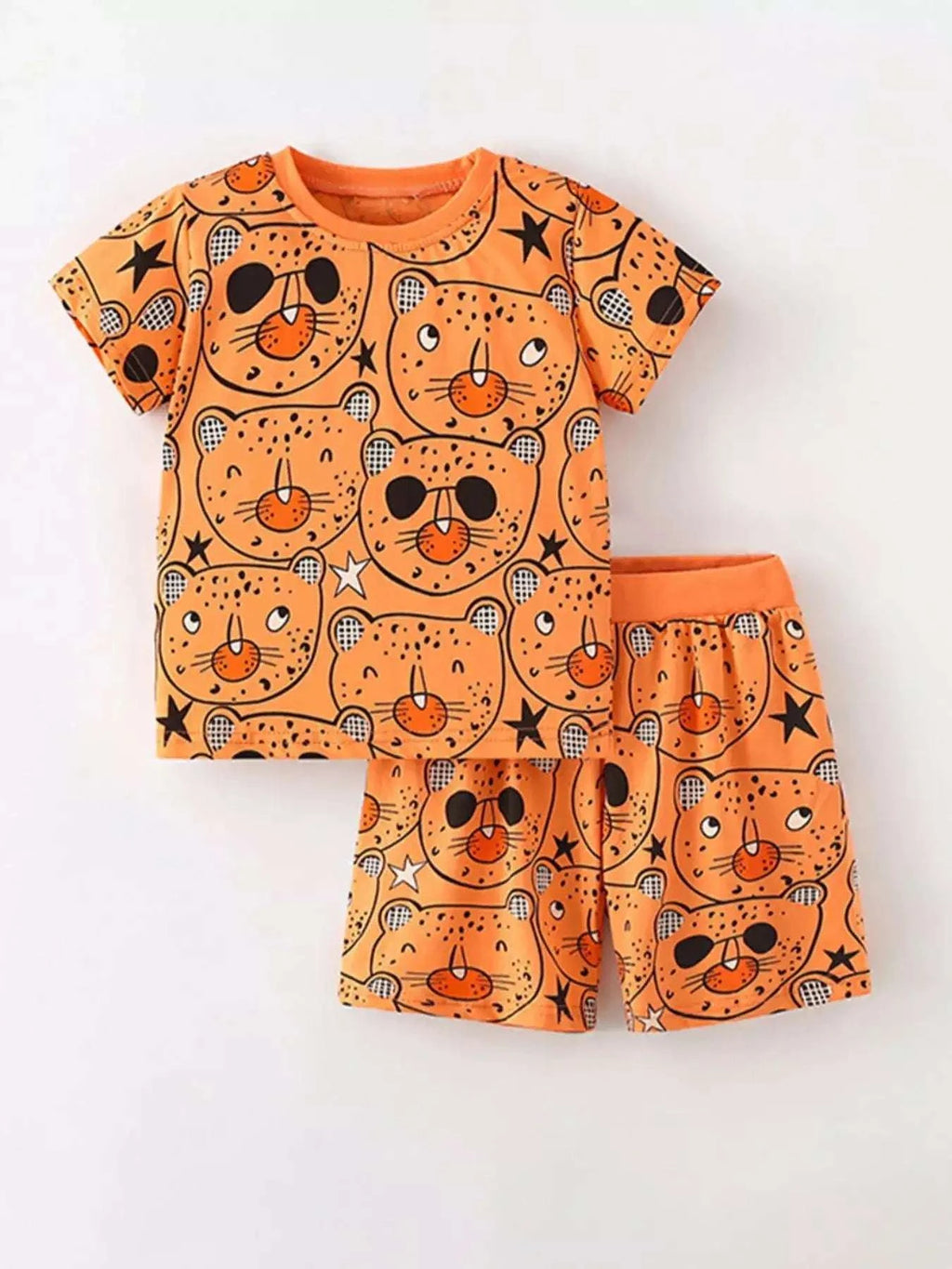 Orange kids bear-print round-neck top and shorts set with star accents
