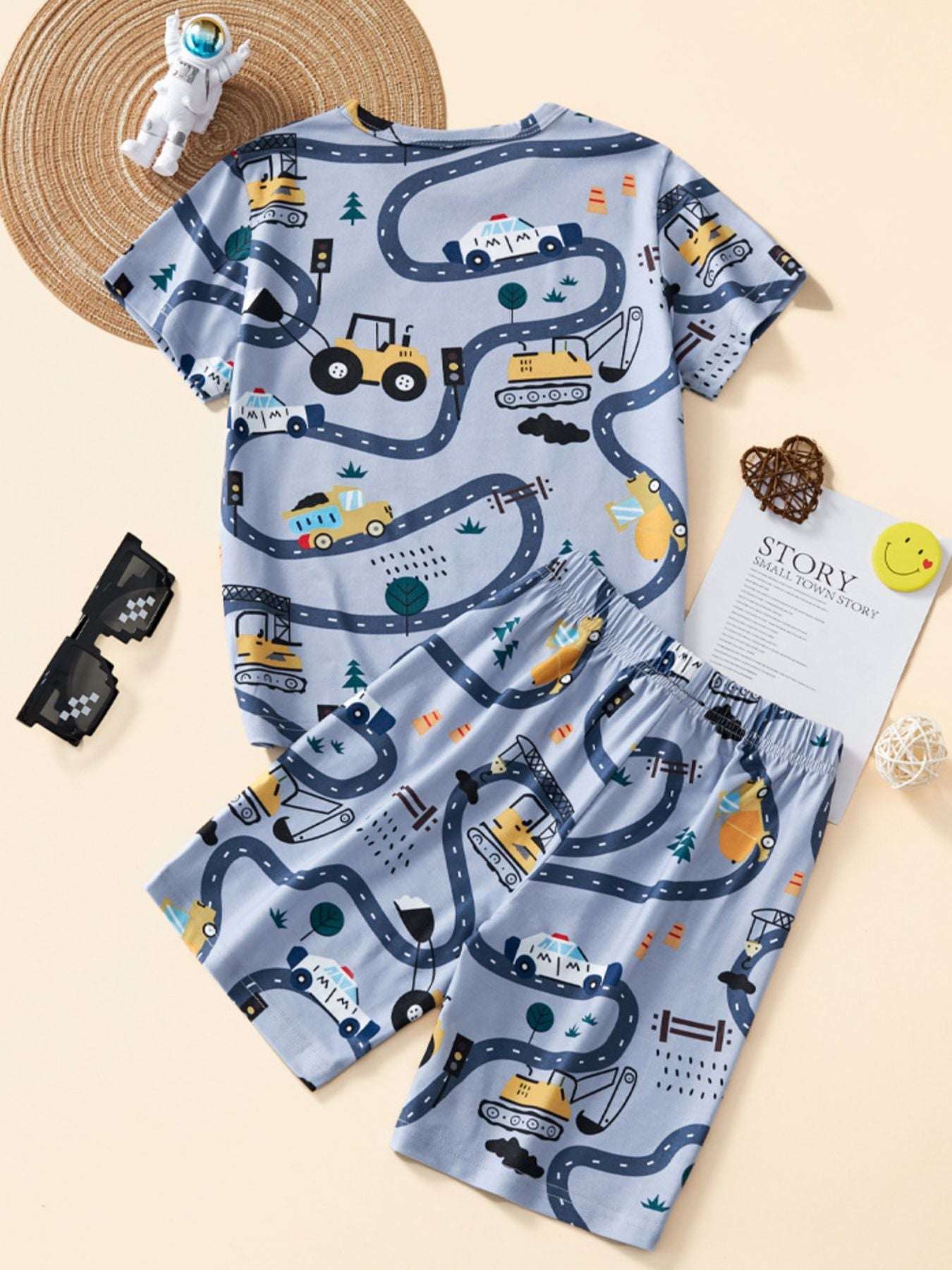 Dusty blue children's construction vehicle print short-sleeve top and shorts set