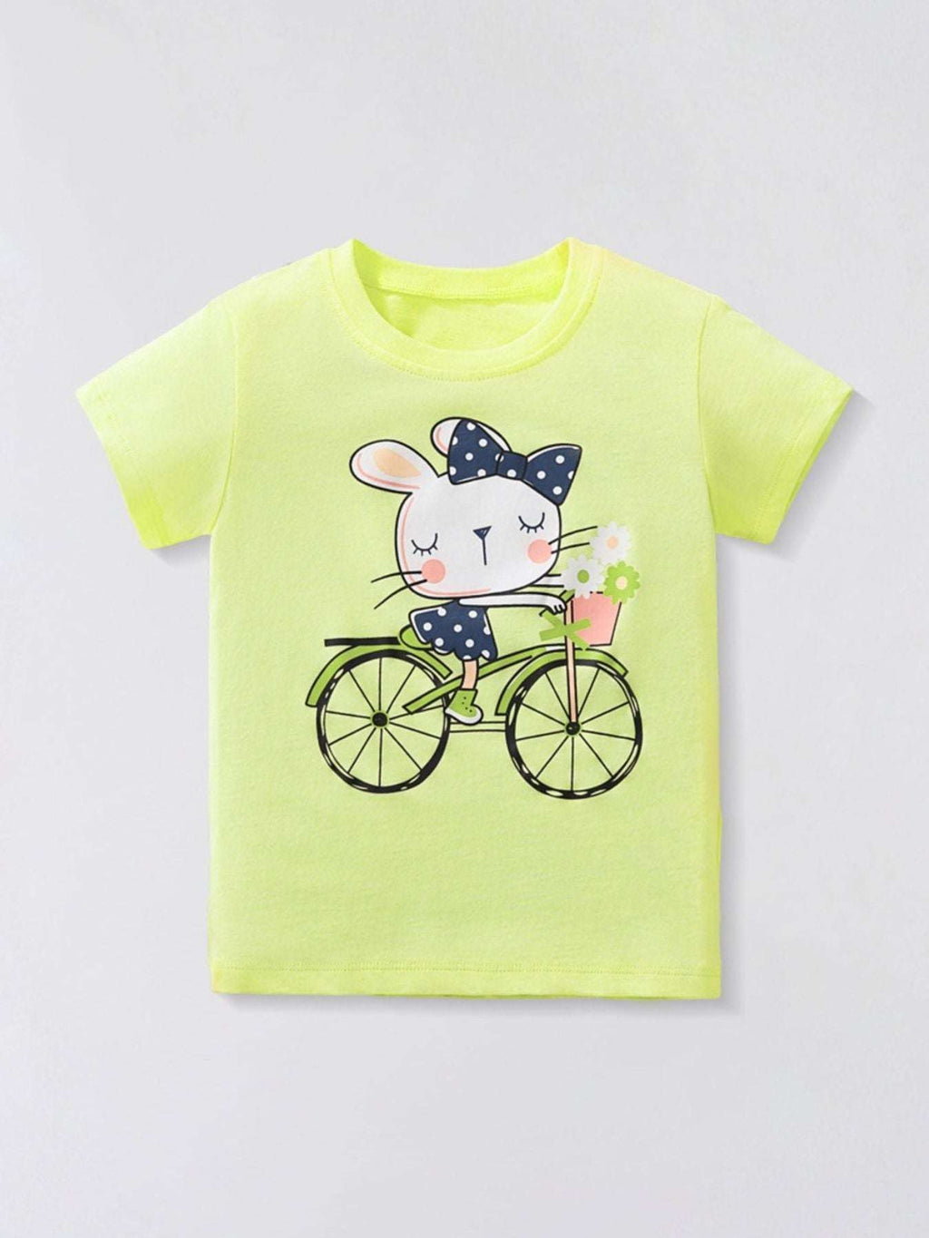 Lime green kids T-shirt with rabbit riding bicycle graphic, short sleeves