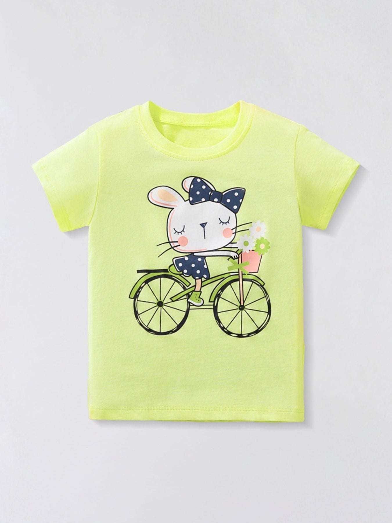 Lime green kids T-shirt with rabbit riding bicycle graphic, short sleeves