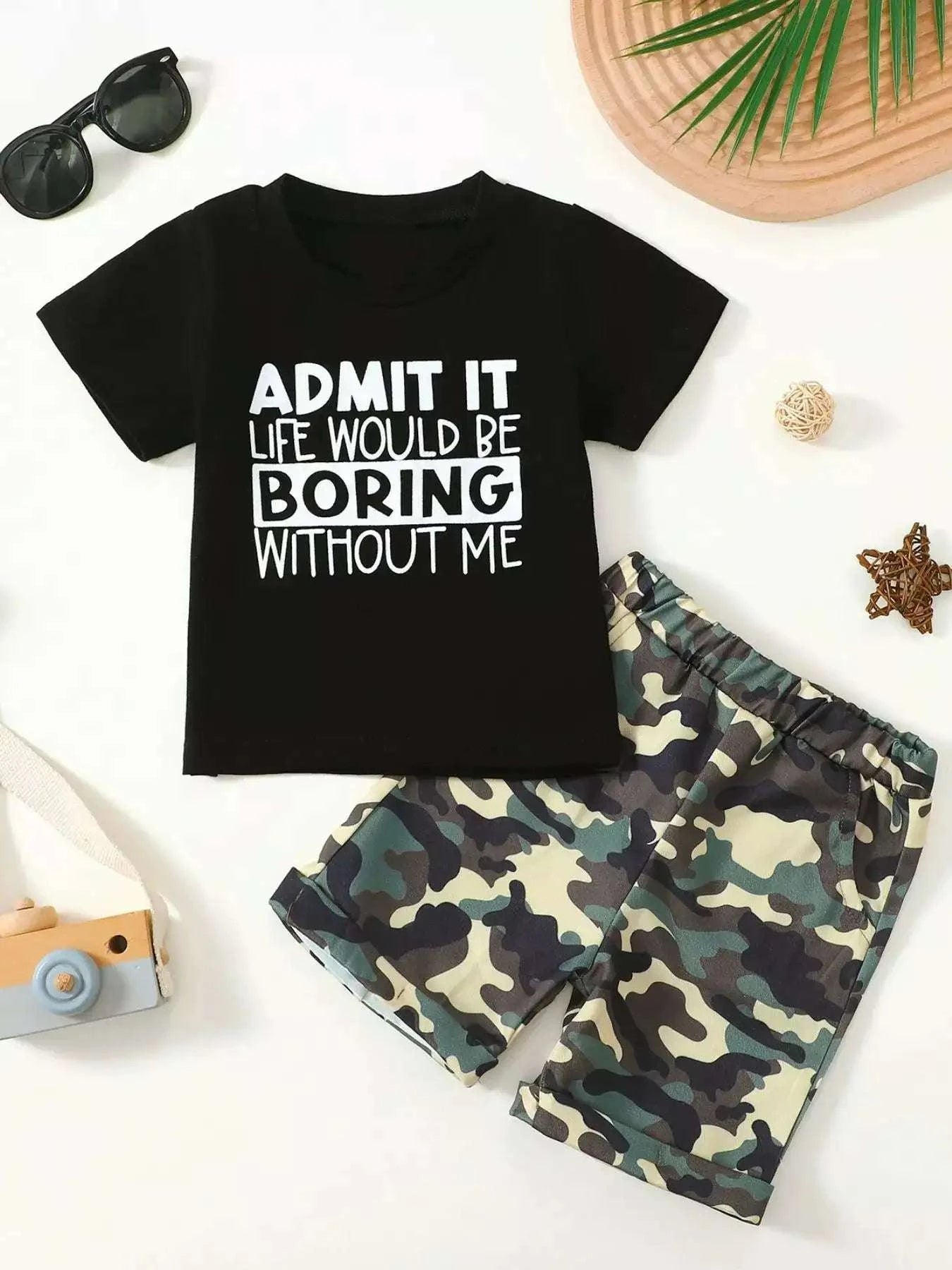 Kids black graphic tee and camouflage shorts set, "ADMIT IT... LIFE WOULD BE BORING"