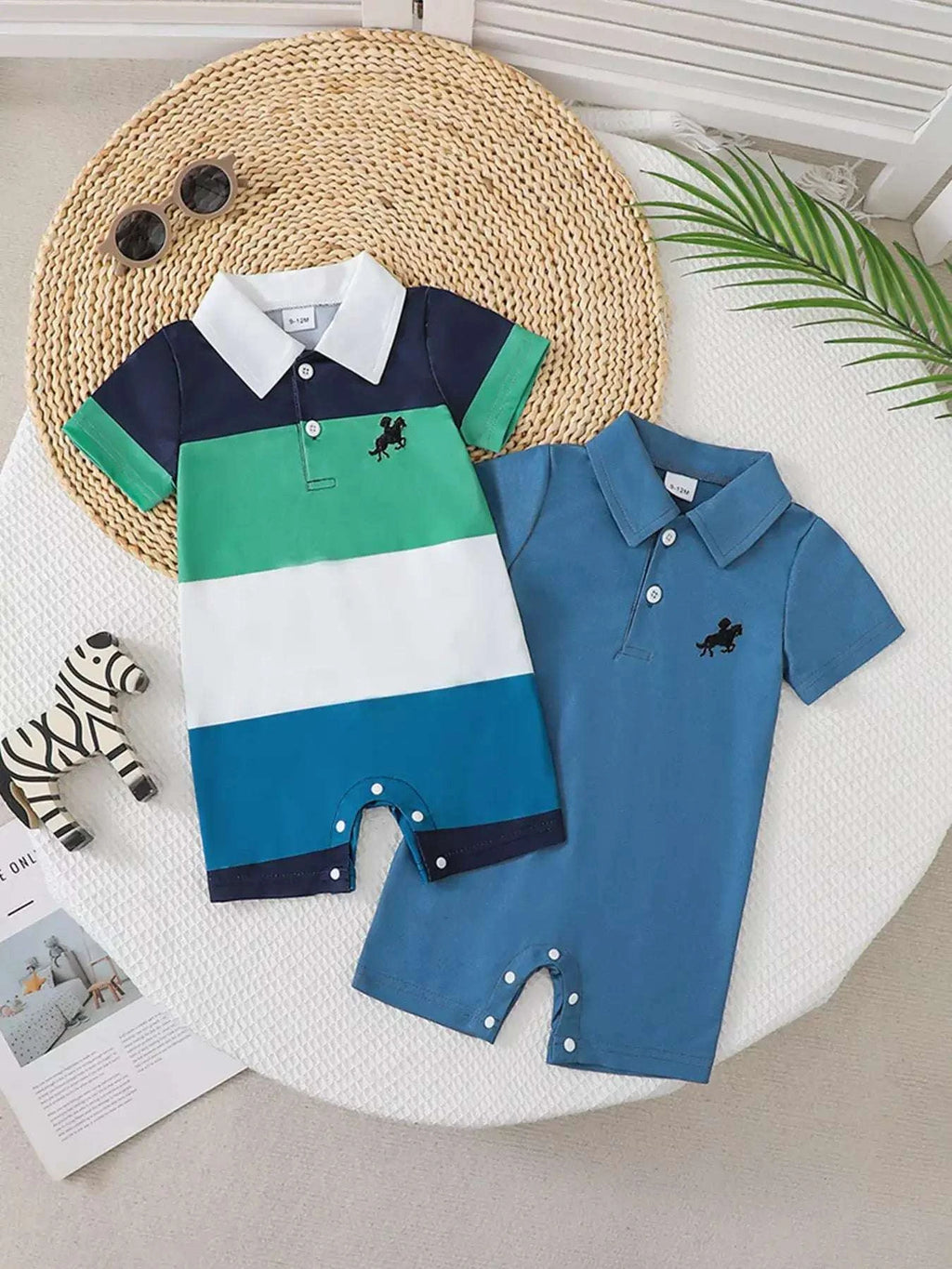 Color-block short-sleeve romper for children, navy-white-green stripes, polo collar