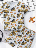 Kids construction print round-neck tee and shorts set, white with yellow and black vehicles