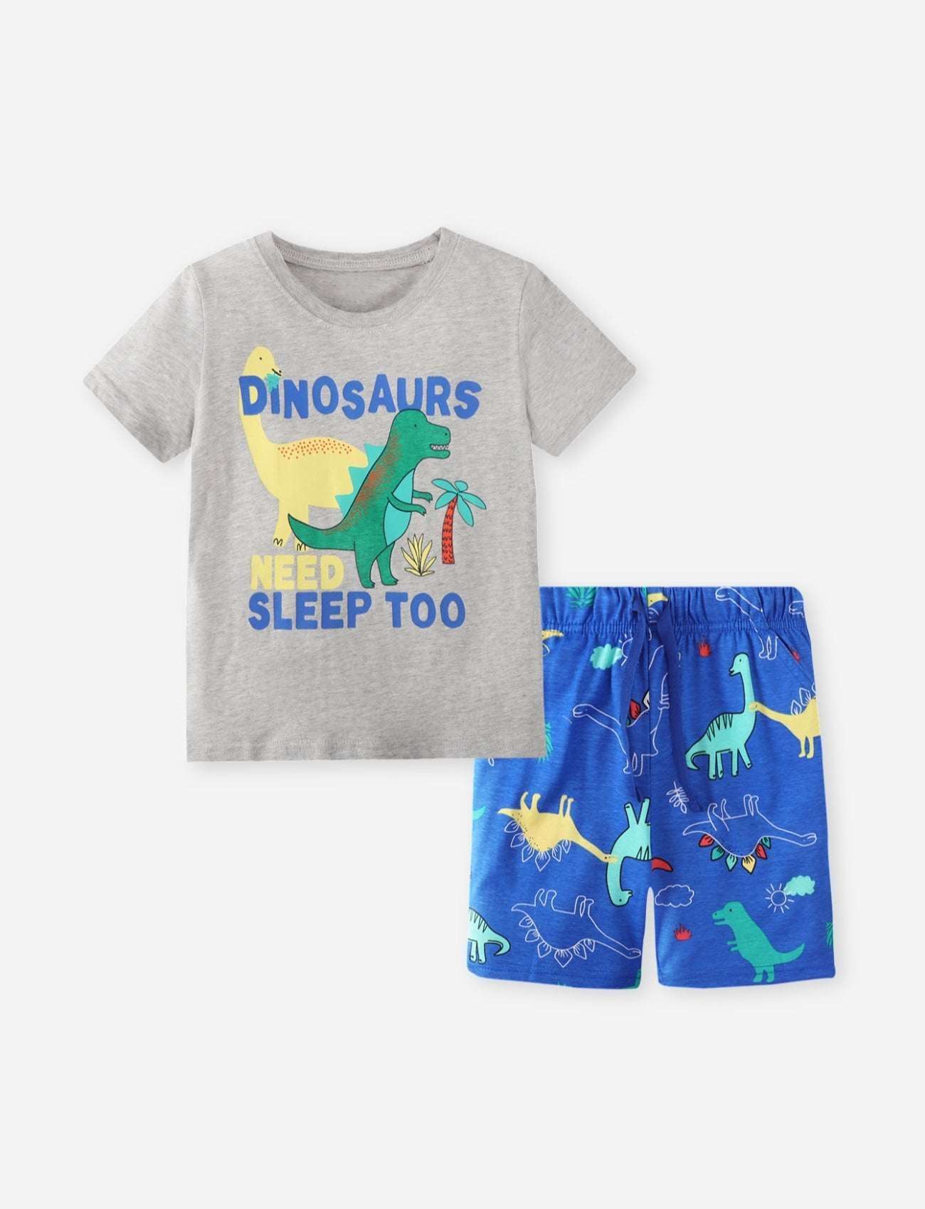 Children's tee and shorts set with gray dinosaur graphic tee and blue dinosaur shorts