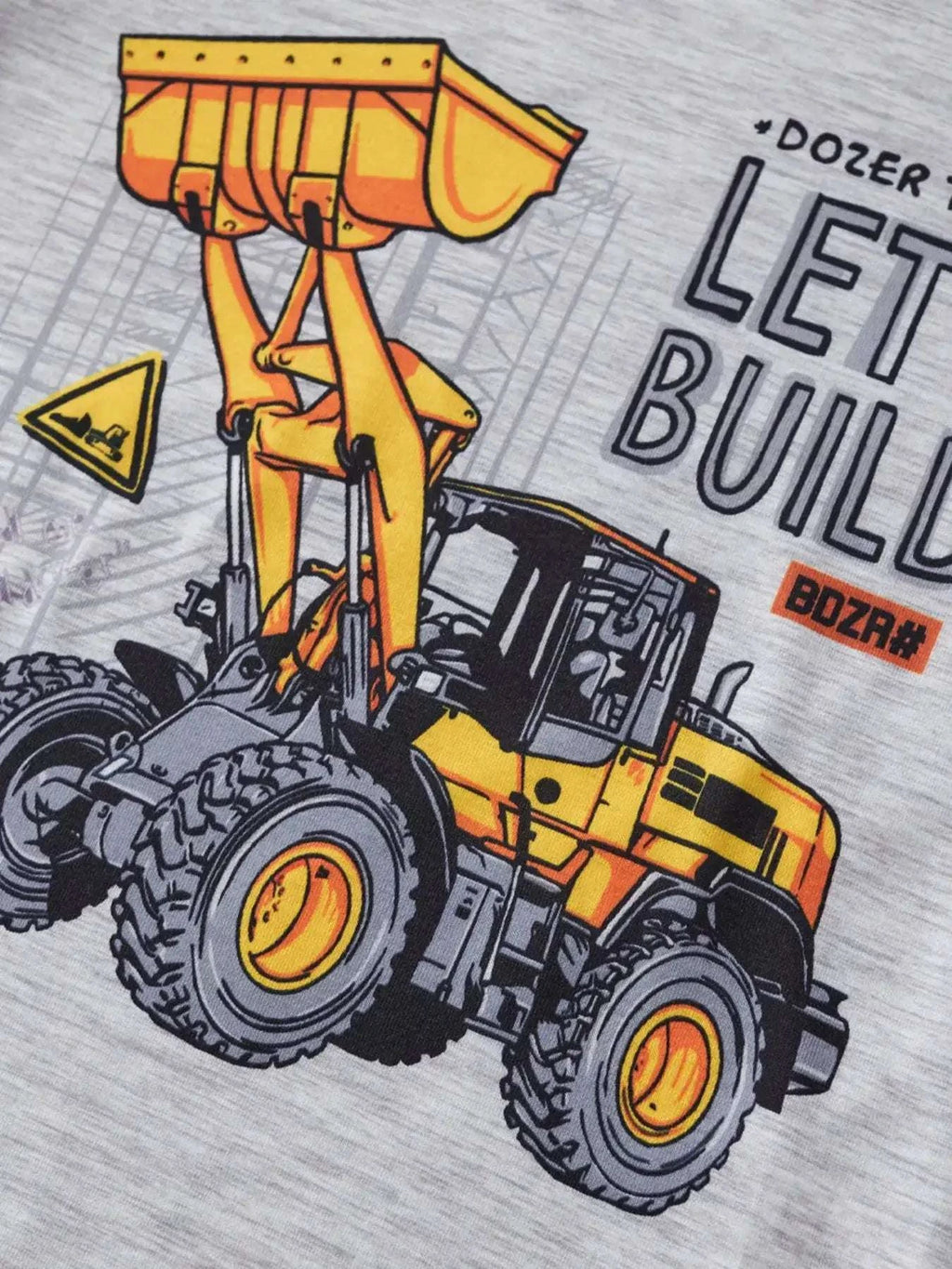 Heather gray dozer truck graphic on kids tee with bold “LET'S BUILD” text