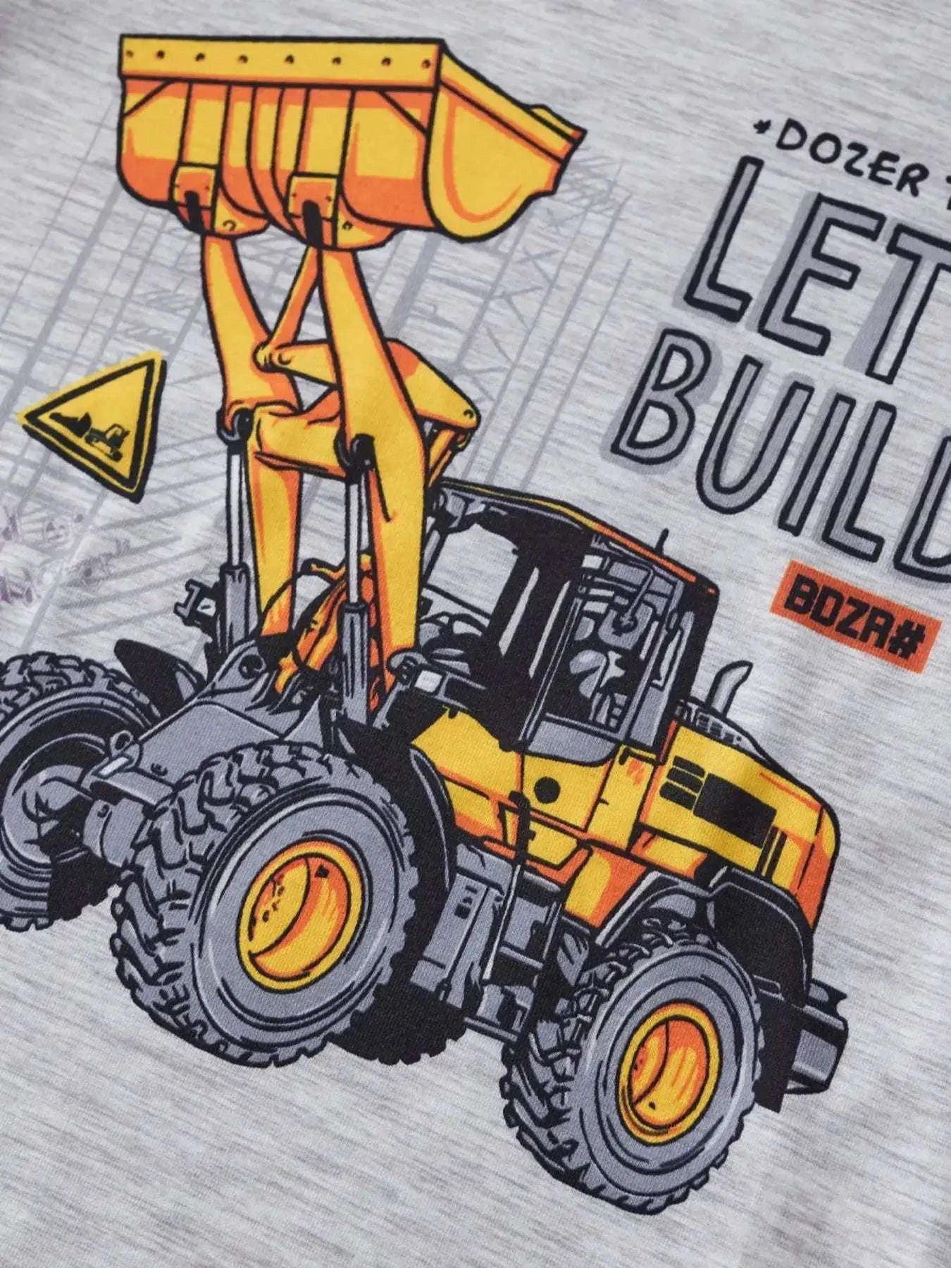 Heather gray dozer truck graphic on kids tee with bold “LET'S BUILD” text