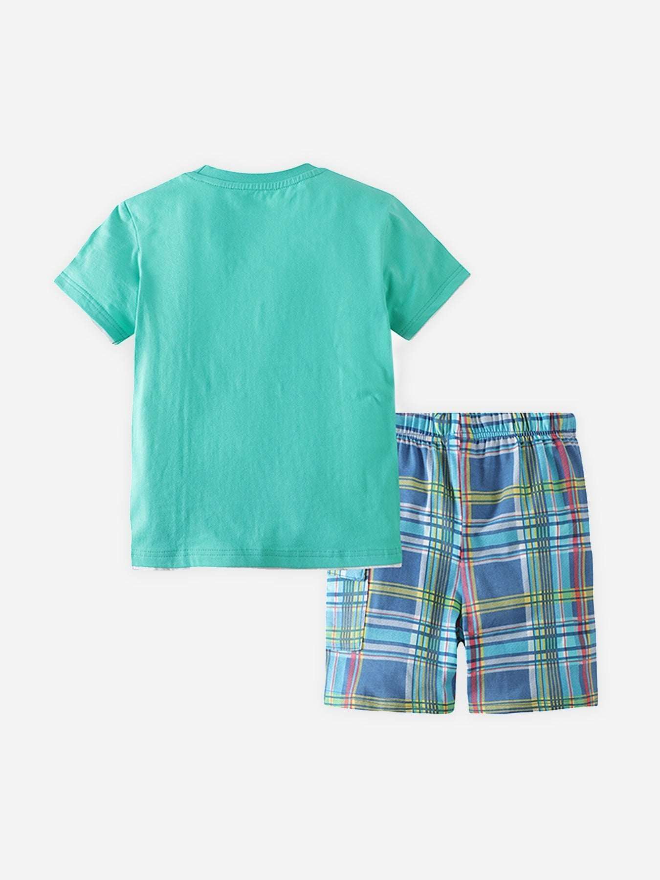 Turquoise back tee with matching multicolor plaid shorts set