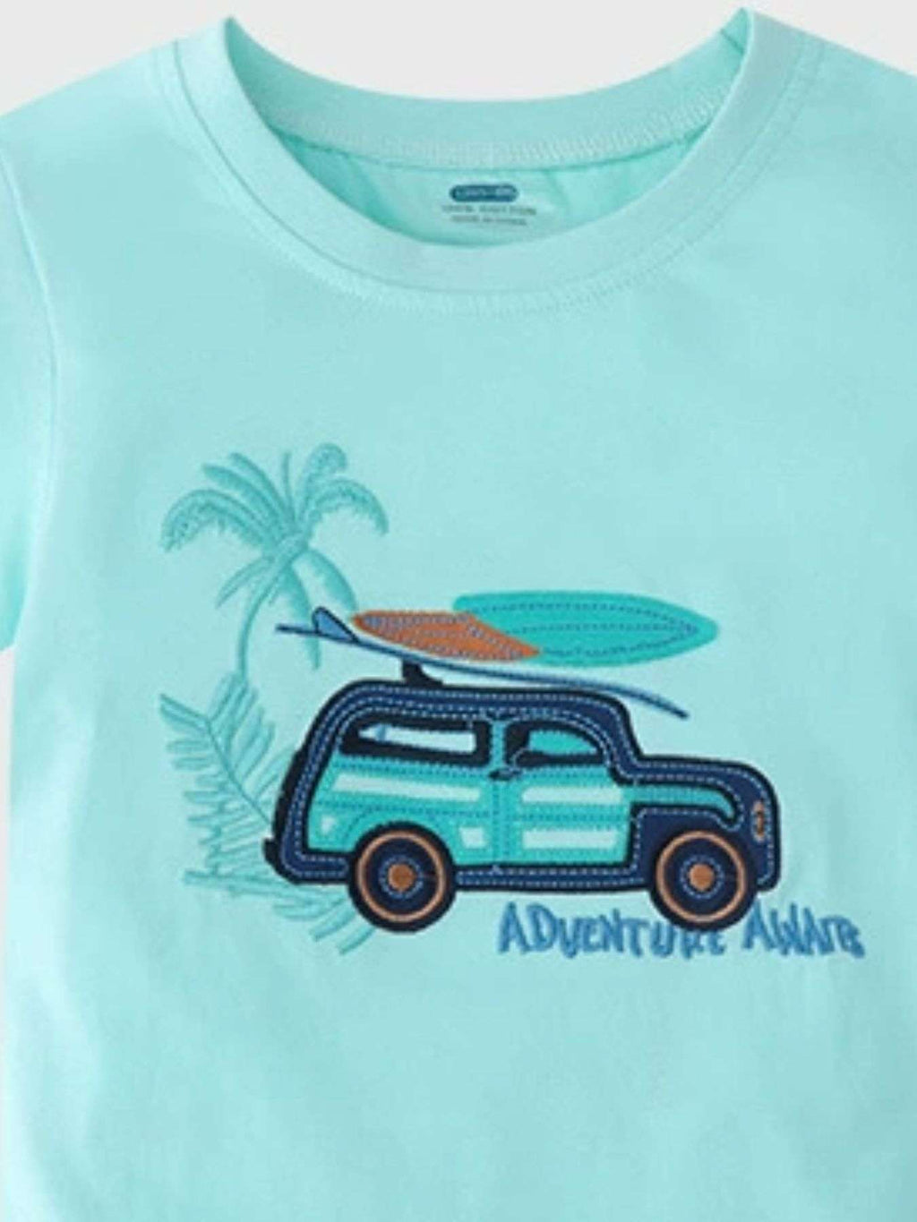 Kids aqua graphic T-shirt with surf van and palm tree print