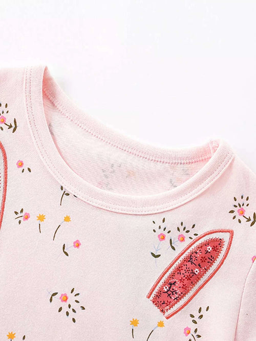 Pink crewneck T-shirt bodice with bunny and floral print