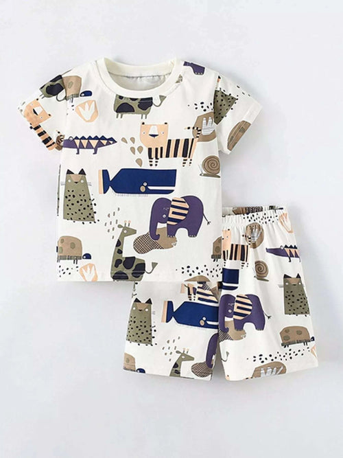 Children's animal print short-sleeve tee and shorts set, cream with mixed safari animals