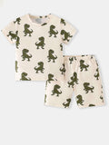 Kids cream dinosaur print tee and shorts set, green allover dino pattern