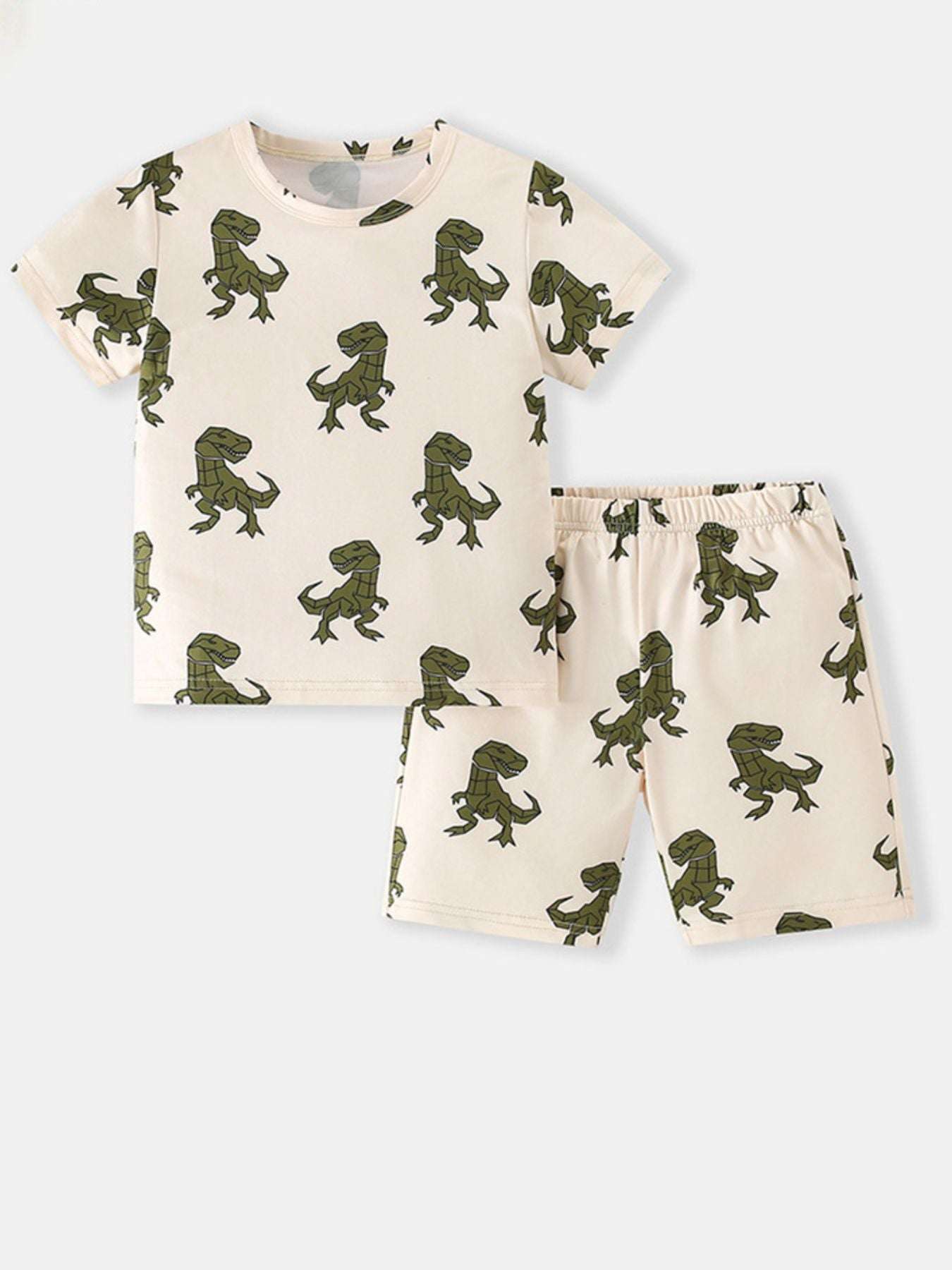 Kids cream dinosaur print tee and shorts set, green allover dino pattern