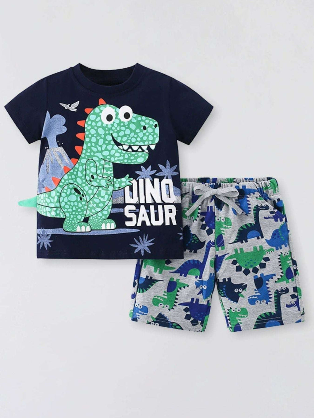 Children's dinosaur short sleeve tee and shorts set, navy with cartoon dino front and patterned shorts